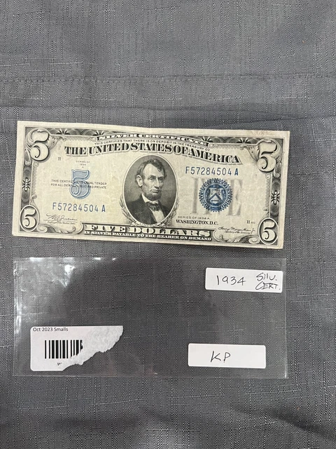 1934 Five Dollar Silver Certificate $5 Bill Blue Seal Note 