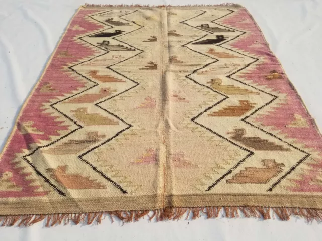 Distressed Fine Vintage Traditional Hand Made Oriental Wool Kilim Rug 4.3x3.3ft