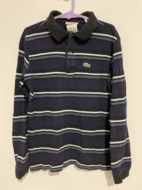 Lacoste Kids Boys Long Sleeve Collared Polo Shirt Striped Size 8 Black Blue