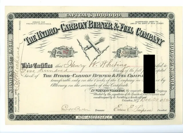 HYDRO CARBON BURNER & FUEL CO New Jersey N J 1882 Stock Certificate Uncancelled