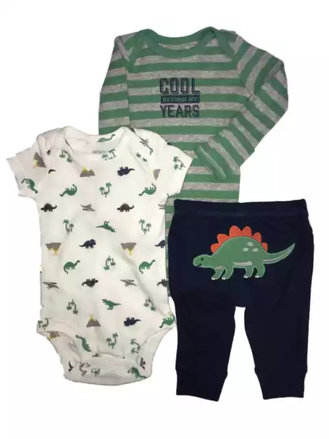 Carters Infant Boys 3 Piece Green Striped & Dinosaur Baby Bodysuit Outfits