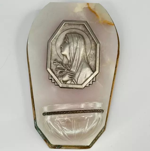 Vintage French Religious Art Deco St. Therese Icon Marble Plaque Holy Water Font