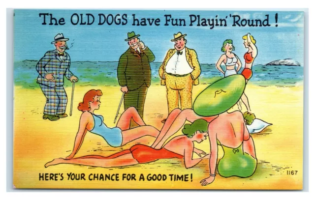 Postcard "The Old Dogs have Fun Playin Round!" men women comic linen unused W22