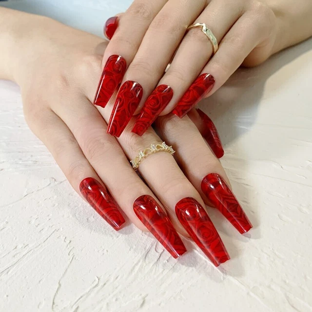 Red Rose Pattern False Nails Design Coffin Artificial Nails Tips Full Fake Nails