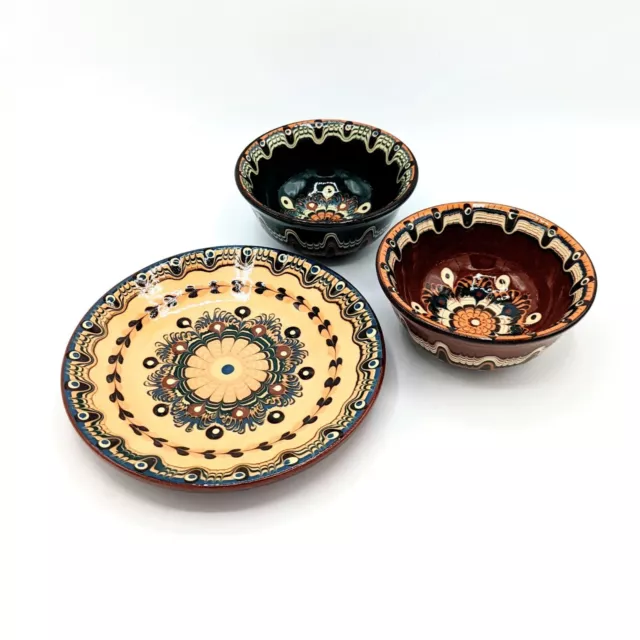 Set of Vintage Bulgarian Troyan Redware Dessert Bowls Peacock Drip Glaze 1960's