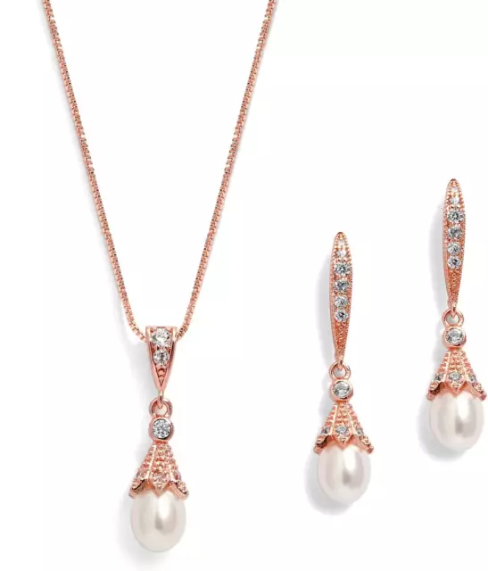 Rose Gold Wedding Necklace & Earrings Jewelry Set with Freshwater Pearl for Brid