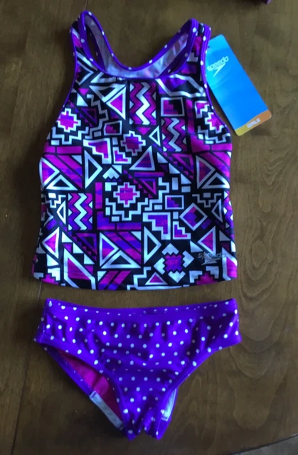 Speedo Kids Girls Sporty Splice Tankini 2 Piece Swimsuit Purple/Pink Sz-6 NWT