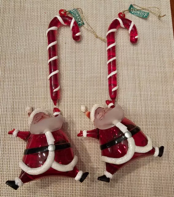 2 Blown Glass Santa Claus Hanging From Candy Cane Midwest Cannon Falls Ornaments