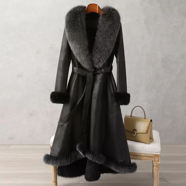 Women's Genuine Fur Coat Knee-Length Fox Fur Collar Warm Rabbit Fur Slim Jackets