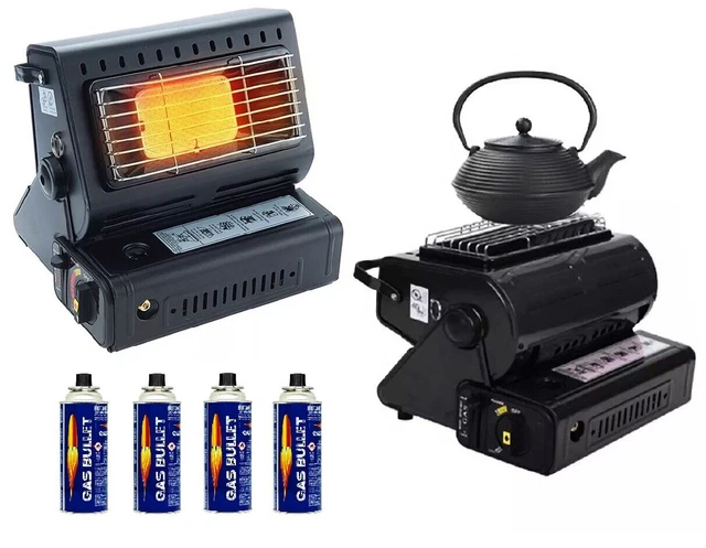 2in1 tragbare Gasheizung Camping Butan Gas Kocher Keramik+ 4 Gaskartuschen 1,3KW