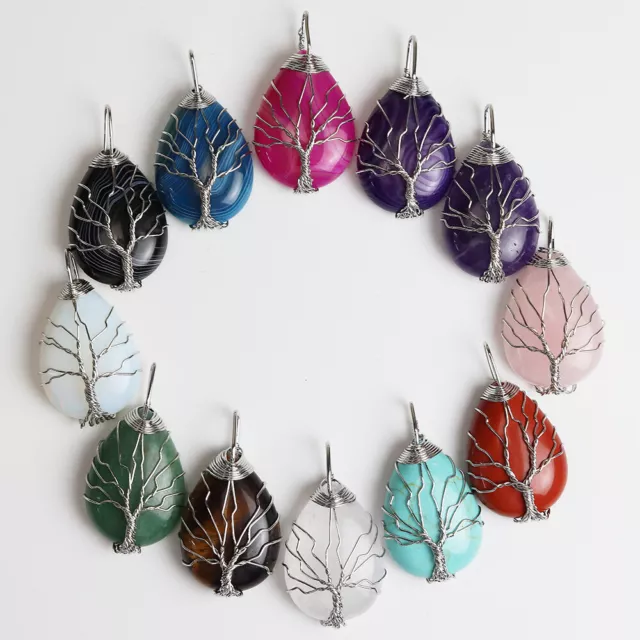 Natural Crystal Gemstone Teardrop Silver Wire Tree of Life Reiki Chakra Pendant