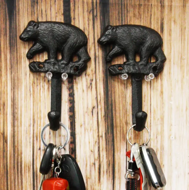 Set of 2 Rustic Western Black Bear Roaming The Forest Cast Iron Wall Coat Hooks