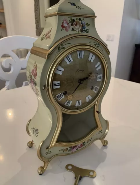 Richard  Vintage Swiss Hand Painted By Sebi Gold And Cream Floral Mantel Clock