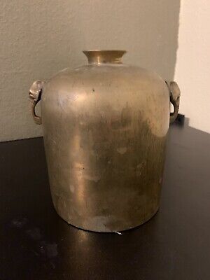 Large Rounded Vintage Solid Brass Jug Vase Urn w/ Elephant Handles 7”
