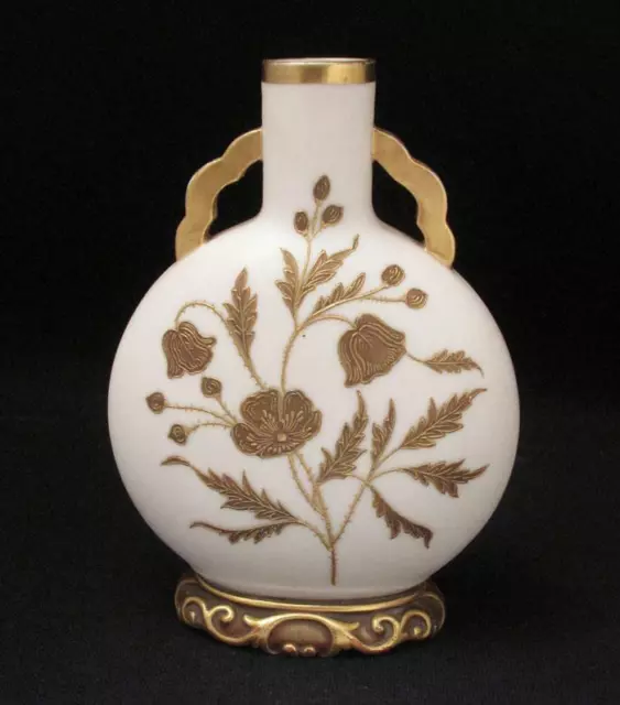 Antique  Royal Worcester Porcelain Moon Flask Vase Gilt Gold Oriental Design