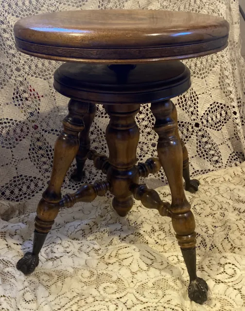 Antique Bancroft Wood Piano Stool with Ball & Claw Feet Adjustable Swivel Seat