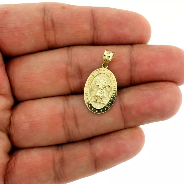 Real 10K Yellow Gold Oval Saint Christopher Charm Pendant, Men Women - 2 Sizes 3