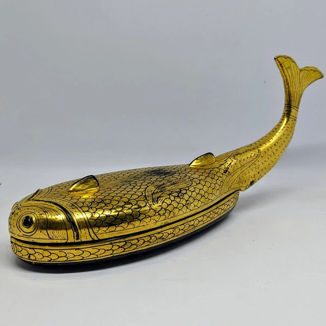 Vintage Burmese Lacquerware Fish Trinket Box, Gold and Black Lacquer