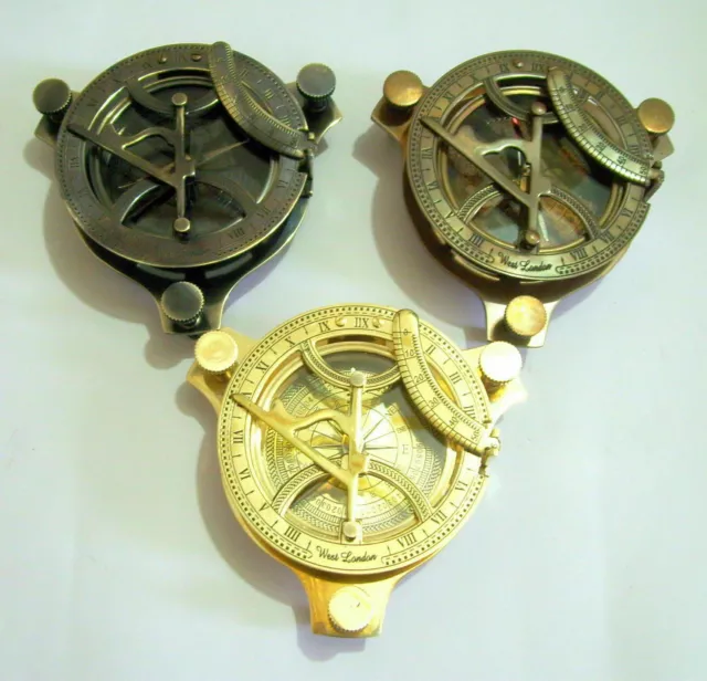 Marítimo Vintage 10.2cm Latón Macizo Reloj de Sol Brújula Marina Laboral Juego 3