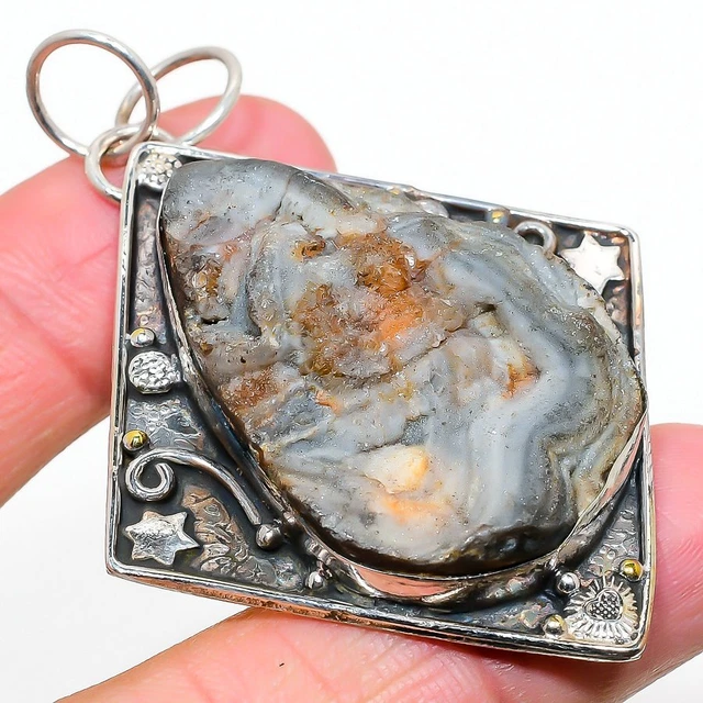 Desert Rose Druzy Gemstone Handmade 925 Sterling Silver Jewelry Pendant 2.68"