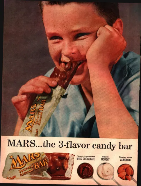 1957 MARS Toasted Almond Chocolate Bar - Kid Eating Candy Bar - Retro VINTAGE AD