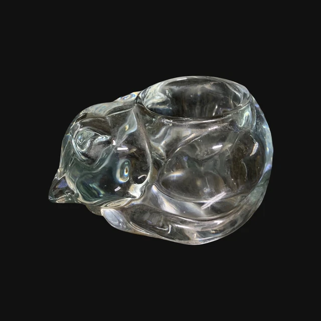 Vintage Clear Glass Cat Sleeping Kitten Kitty Votive Candle Holder Paperweight
