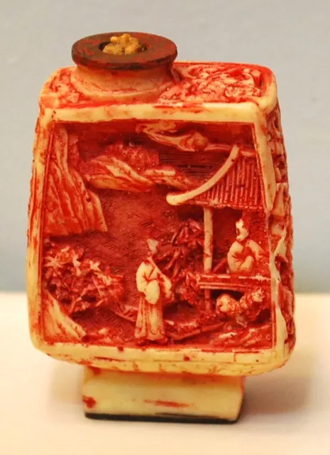 Antique CARVED CHINESE RESIN CINNABAR Snuff Bottle Signed 2 1/8" People & Homes