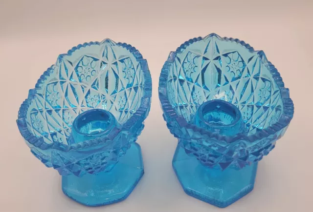 Vintage Kemple Blue Glass Aqua Blue Toltec Candle Holder Pair