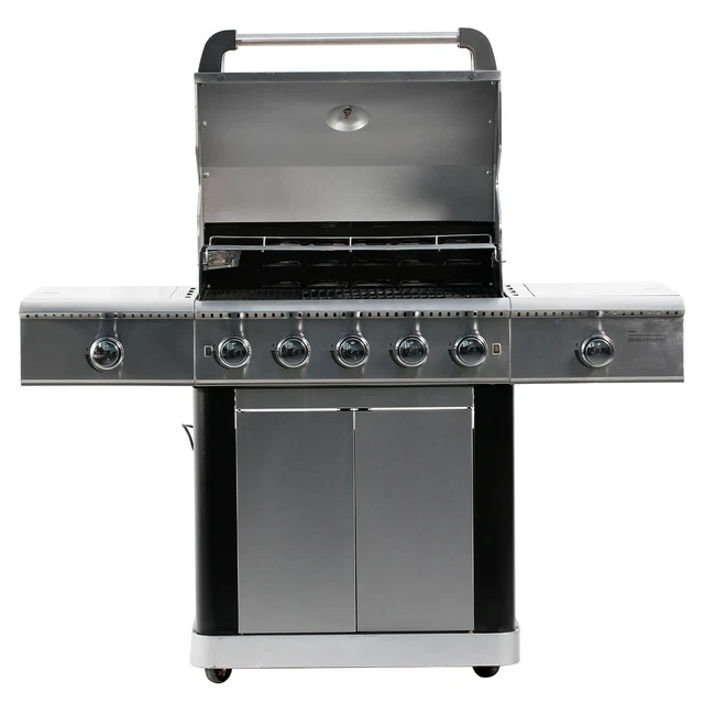 Draussen 5+2 Gasgrill BBQ GRILLWAGEN Edelstahl Brenner+ Seitenkocher Argento
