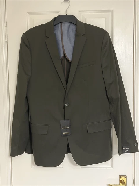 Giacca blazer River Island verde cachi skinny fit nuova con etichette taglia 44R misto cotone