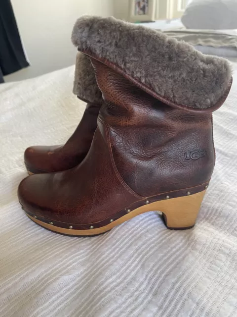 UGG WOMEN’S BROWN leather clog, Lynnea Shearling ankle pull on boots ...