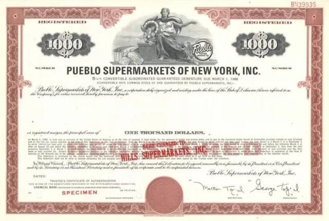 Pueblo Supermarkets of New York, Inc. - $1,000 1967 dated Specimen Bond - Specim