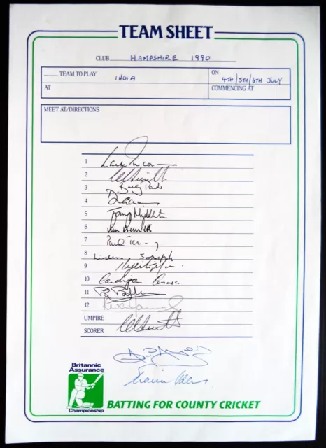 HAMPSHIRE COUNTY CRICKET CLUB 1990 v INDIA OFFICIAL AUTOGRAPH TEAM SHEET
