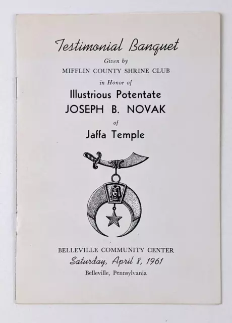 1961 Belleville PA Jaffa Temple Shriners Potentate Testimony Banquet VTG Program