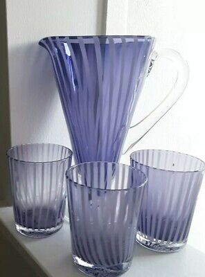 Murano AMETHYST Purple  Striped Glass Pitcher & 3 Double Old Fashioned Set