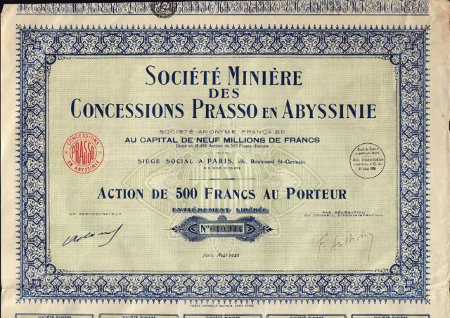 ETHIOPIA  MINING Soc. Miniere Concessions Prasso en Abyssinie 1926