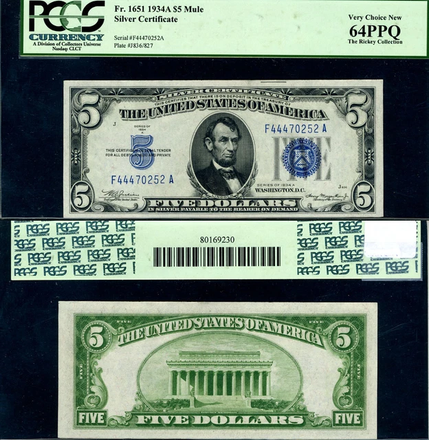 FR. 1651 $5 1934-A Silver Certificate Mule F-A Block Choice PCGS CU64 PPQ
