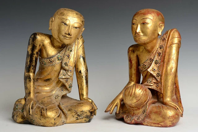 18th Century, Shan, A Pair of Antique Burmese Paper Mache' Seated Disciples
