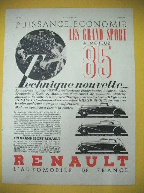 Publicite De Presse Renault Automobile Grand Sport A Moteur 85 Coach 1935