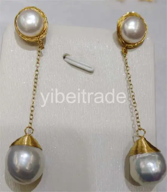 long white baroque 13-14mm South Sea Pearl earring 14k gold
