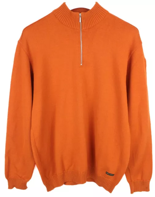 AMERIGO VESPUCCI Sweater Mens XL 100% Wool Orange Logo Half Zip Pullover