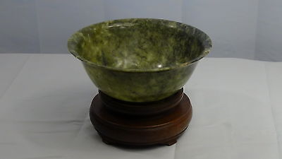 Antique Chinese Large Beautiful Spinach Jade 7" Diam Bowl On Carved Stand