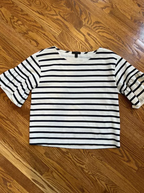 J Crew Women’s Top, Ruffle Sleeve, White Striped Crop - Size Small