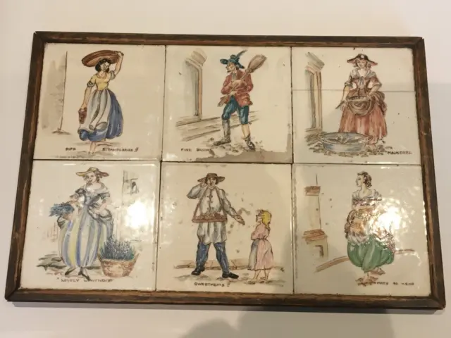 Vintage hand painted Thynne Tiles. Set of 6. Mounted. C1900