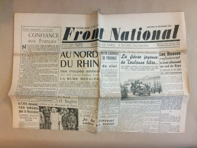 JOURNAL LIBÉRATION / Front National 36 / 29/09/1944 / Le Reich Divisé En 3 Zones EUR 9,95 - FR