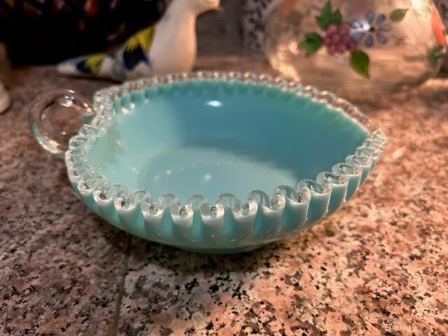 Fenton Glass Relish Dish Turquoise Blue Silver Crest Handled Made