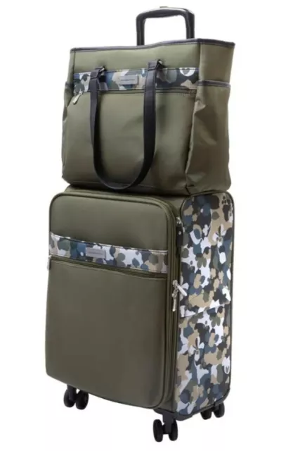 Samantha Brown 22" Spinner with Satchel 2-piece Set-Olive Geo Camo-NWT