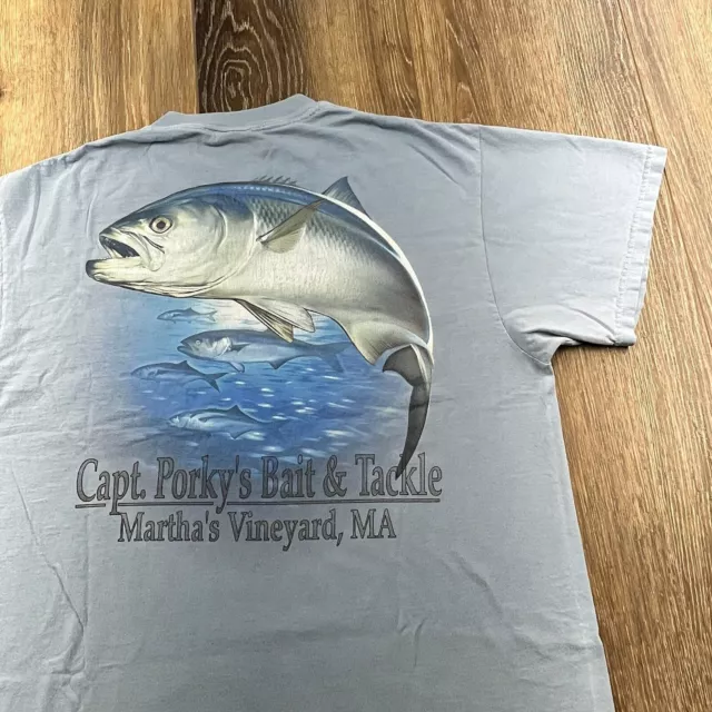 Vintage Marthas Vineyard Shirt Mens L Blue Tuna Fishing Porkys Bait & Tackle Tee