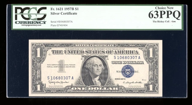 DBR $1 1957-B Silver Fr. 1621 SA Block PCGS 63 PPQ Serial S10680307A