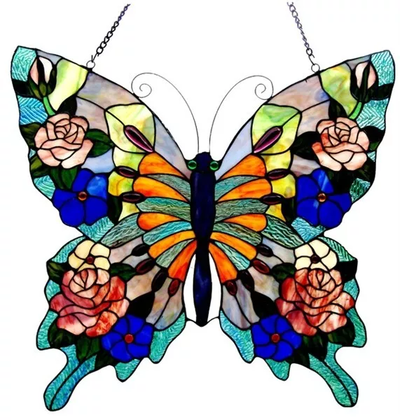 24" Large Butterfly Roses Tiffany Style Stained Glass Window Panel